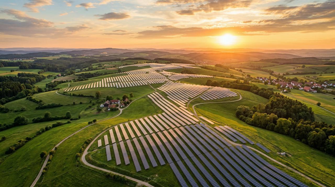 Aerial view of photovoltaic solar panel farm at golden hour